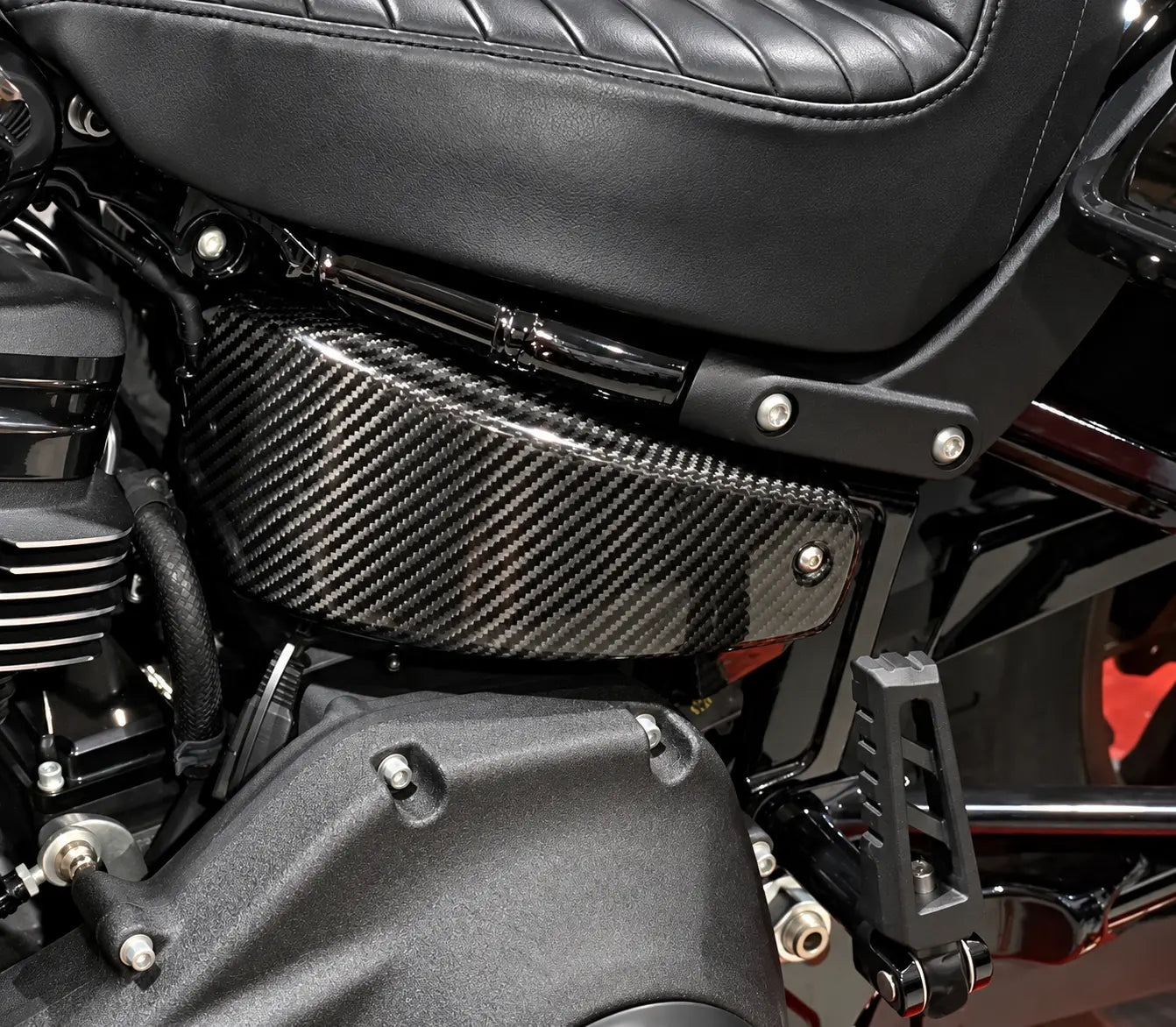 Carbon side detail on the featured Low Rider motorcycle